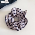 Detail of gray-purple striped scrunchie with textured fabric and vintage woven label - Striped - Large Scrunchie