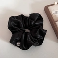 Detail of elegant black satin scrunchie featuring a large gray pearl accent in soft light - 4# Black