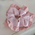 Pink striped ruffle satin hair scrunchie accessory for elegant bun hairstyles - Pink