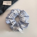 Blue plaid scrunchie with white lace edges and pearl detail for hair styling - Lace Style / Blue