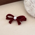 Elegant red velvet bow hair clip with pearl accent for women accessories in autumn winter - Pearl Bowknot / Red
