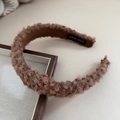 Detail of soft brown faux shearling headband featuring a hand made woven label - Handmade Headband / Brown
