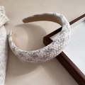 Detail of gray tweed padded headband with thick sponge lining for a high skull top style - Off-White Houndstooth