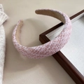 Detailed view of pink tweed headband texture with soft anti-slip inner velvet lining - Pink Checkered Style