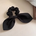 Elegant large black rabbit ear bow scrunchie with soft pleated fabric for women - Black