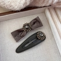 Barrettes à cheveux rétro françaises en velours noir et cuir avec strass carrés - Gris