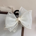 Elegante fermaglio per capelli in organza beige con fiocco grande e perle da donna - Bianco Sporco