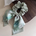 Detail of elegant satin hair scrunchie with blue watercolor oil painting floral pattern - 4# Green Bow Ribbon Scrunchie