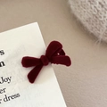Elegant wine red velvet bow hair clip with pearl accent on a white display card - Mini Bowknot Necklace / Red