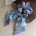 Elegant blue oil painting satin hair scrunchie with ribbon on a wooden background - 3# Blue Bow Ribbon Scrunchie