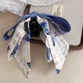 Detail of vintage Chinese style hair claw with blue ribbon bow and calligraphy print - Blue Butterfly Streamer Grab Clip