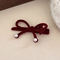 Elegant wine red velvet bow hair clip with white pearl accents for autumn and winter styles - Double Pearl Bow / Red
