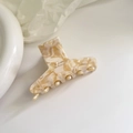 Detailed macro shot of a cream marbled acetate hair claw with Barrette la France logo - 3# Jelly White