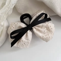Elegant French style cream lace bow hair claw clip with black ribbon accent for women - Hair Claw / White Black Bow Hair Claw