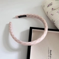 Detail of pink plaid sponge headband with handmade label on soft fabric texture - Pink Orange Plaid