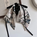 Elegant Chinese style hair claw with ink wash ribbon and printed bow accessory - Plum Blossom Pattern (No. 4)