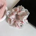 Sweet pink floral scrunchie with white lace trim and embroidery detail for hair - Pink