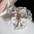 French lace floral scrunchie in white chiffon fabric with delicate purple flowers - Purple