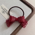 Dark red acetate bow hair tie with lace edges and high-elasticity black rubber band - Style 2 Red Scrunchie
