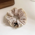 Floral cotton linen scrunchie with lace edge and black ribbon bow for ponytail styling - 2# Floral Lace Style
