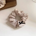 Floral cotton linen scrunchie in beige with purple flowers and black bow decoration - 1# Floral Style