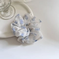 Elegant white floral organza scrunchie with blue flower pattern for ponytail styling - 2# Blue