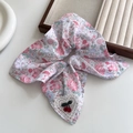 Pink floral scrunchie with bow ribbon, lace heart patch and 3D cherry decor - Square Scarf Hair Tie (Cherry/Rabbit Print)