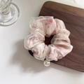 Pink floral organza scrunchie with a large pearl pendant in an elegant Korean style - Pink Floral