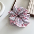 Pink floral scrunchie with cute cherry pattern on white desk with wooden box - Large Scrunchie (Floral/Rabbit Print)