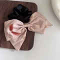 Elegant Chinese style bow hair scrunchie with pink floral pattern on dark wood background - Maple Leaf Style