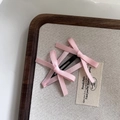 Pink ribbon bow hair clips with double satin bows on black metal BB clips for women - Pink