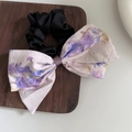 Elegant Chinese style oversized bow hair scrunchie with purple floral satin textures - Wisteria Style