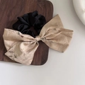 Detail of elegant black satin hair scrunchie with beige vintage floral print bow - Lichen Style