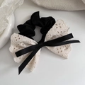 Elegant black and cream lace bow hair scrunchie with delicate embroidery details - White Black Bow Scrunchie