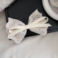 Elegant cream white lace and satin ribbon bow hair clip with vintage eyelet embroidery - Spring Clips / White White Bow Spring Clip