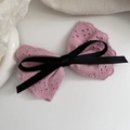 French lace bow hair clip in rose pink and black ribbons for a gentle hair accessory style - Pink Black Bow Spring Clip