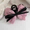 Elegant pink lace bow hair claw clip with black silk ribbon accent for women - Pink Black Bow Hair Claw