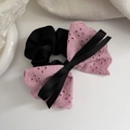 Elegant pink lace bow hair tie with black satin ribbon and embroidery on white background - Pink Black Bow Scrunchie
