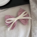 Elegant purple pink double-layered lace bow hair clip with intricate floral embroidery - Pink White Bow Spring Clip