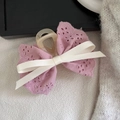 Pink lace hair claw clip with white satin bow detail on a soft white background - Pink White Bow Hair Claw