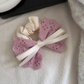Elegant purple and white lace bow scrunchie with delicate eyelet embroidery for women - Pink White Bow Scrunchie