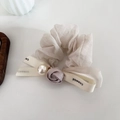 Elegante elastico per capelli beige con rosa in tessuto viola, perle bianche e nastro - Beige