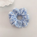 Blue and white gingham scrunchie with detailed letter embroidery for women's hairstyles - Sea Salt Blue