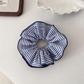 Blue and white striped scrunchie hair tie with ruffled edges on a minimal white background - Dark Blue