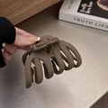 Détail de la grande pince à cheveux marron mat avec dents croisées et ressort en métal - Café Foncé