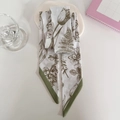 Floral print long skinny silk scarf in ivory and olive green for hair and bags - Green Floral