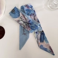 Artistic oil painting style floral blue silk scarf headband with elegant cursive text - Blue Floral