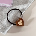 Elastic hair tie with brown amber-textured heart pendant and gold metal LT engraving - Heart / Brown