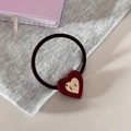 Elastic hair tie with red heart resin pendant and engraved gold LT metal piece - Heart / Burgundy