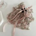 Eleganter Haarklammer mit Blumendruck aus Organza-Schleife und zartrosa Satinbändern - Rosa & Grün